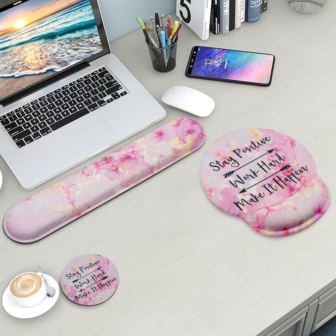 Mouse Pad and Keyboard Wrist Rest Support,Ergonomic Mouse Pad Set | Mousepad With Coaster and Non-Slip PU Base,Pain Relief for Desk Desktop Gaming, Computer,Office -Beach