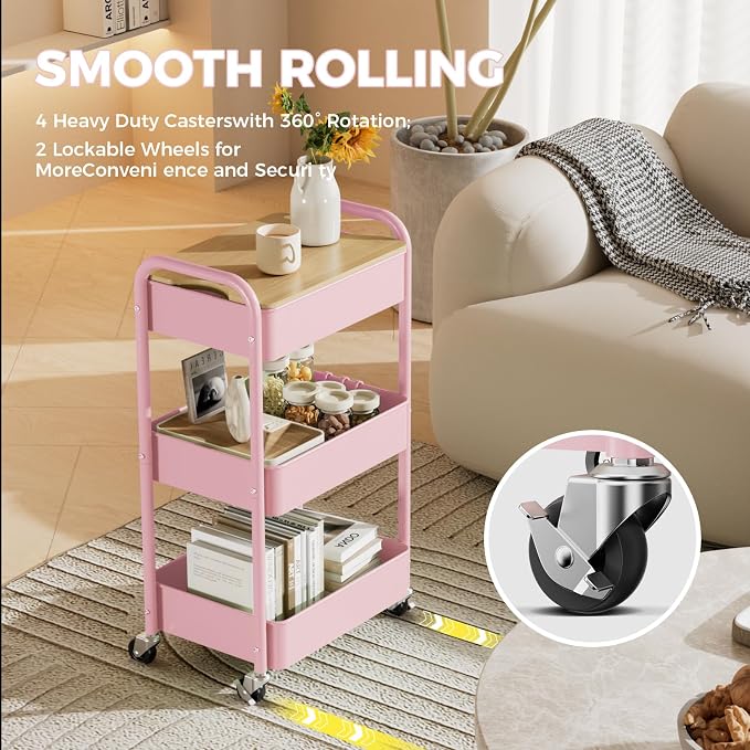 3-Tier Rolling Cart with Table Top, Metal Utility Cart on Wheels | Sturdy Storage Organizer Cart with Lockable Wheels&Hooks for Craft, Office, Classroom, Kitchen and Bathroom, Pink