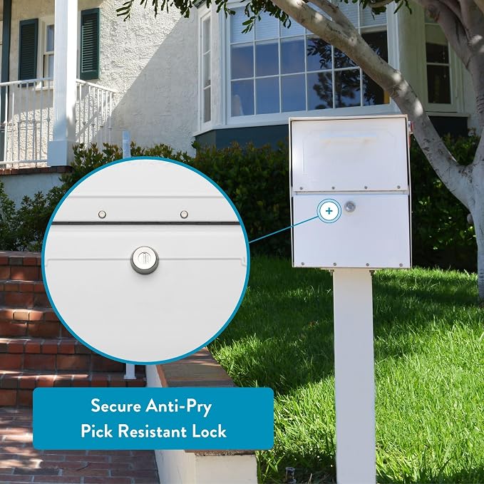 Architectural Mailboxes Oasis Classic Large High Security Parcel Mailbox, White | Galvanized steel build with a secure steel cam lock, magnetic door closure, and hopper delivery door. USPS approved.