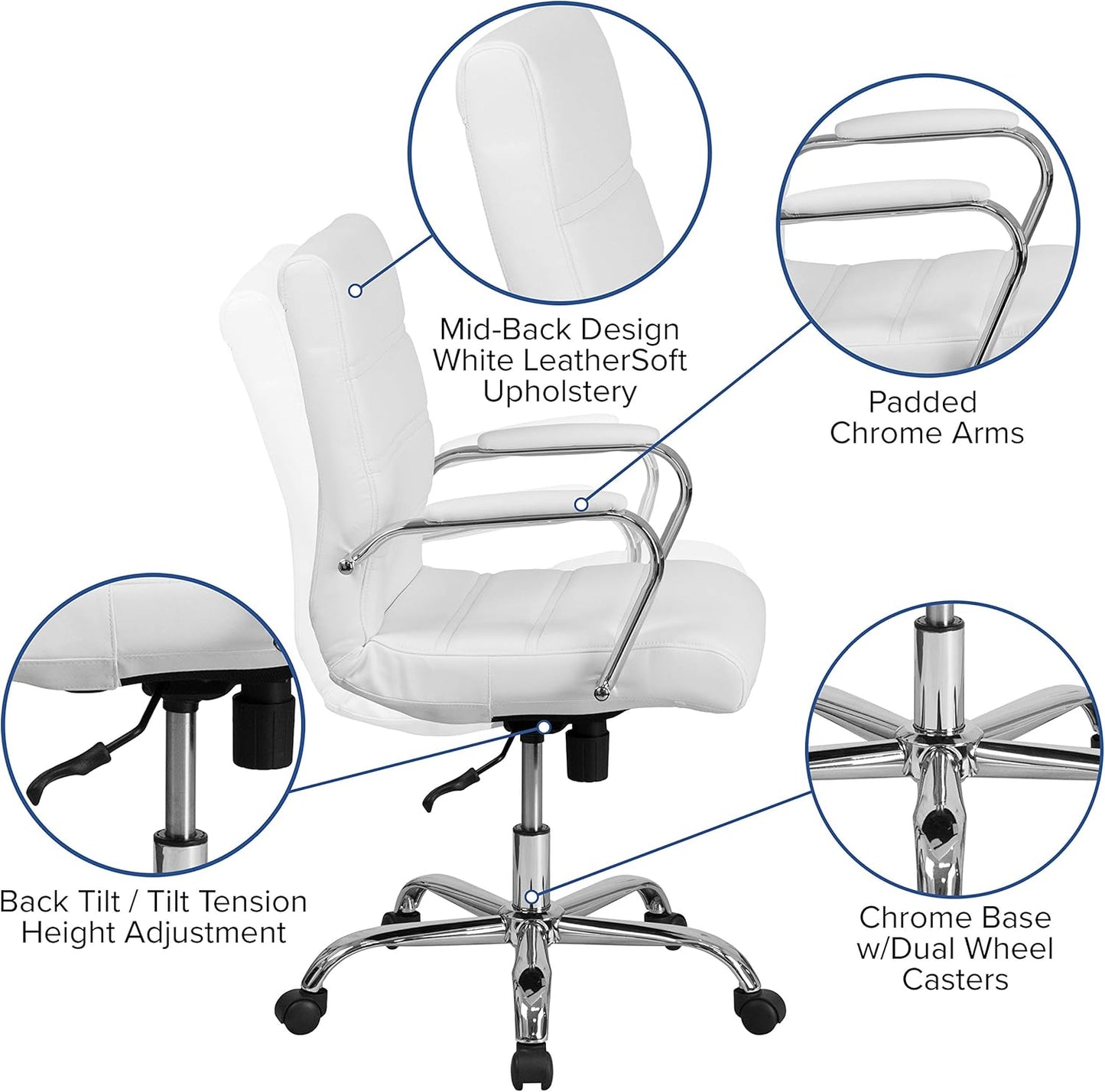 Flash Furniture Whitney Mid-Back Swivel LeatherSoft Desk Chair with Padded Seat and Armrests, Adjustable Height Padded Office Chair, White/Chrome