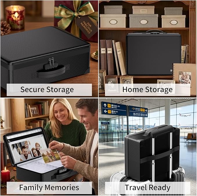 ENGPOW Fireproof 5200°F Photo Storage Box with 16 Inner 4" x 6" Photo Case(Clear), Photo Organizer with Lock, Portable Acid-Free Photo Keeper Safe Storage with Handles for Home, Office, Travel