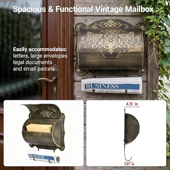 Wall Mount Mailbox with Newspaper Holder, Upgraded Embossed Vintage Mailbox Wall Mount, Butterfly & Floral Decorative Front Porch Antique Mailboxes, Mail Boxes for House Outside Garden