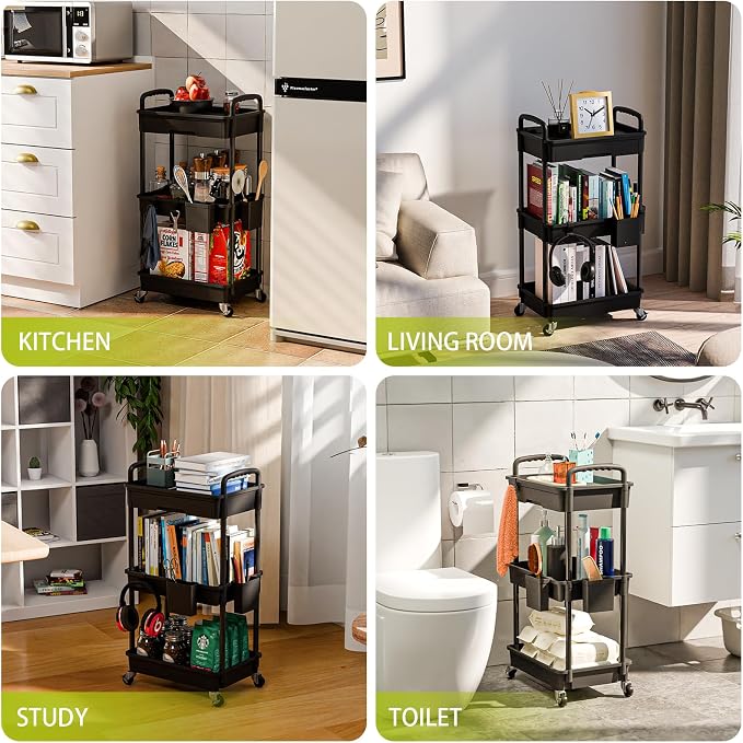 Sorgion 3 Tier Rolling Cart Organizer,Laundry Room Bathroom Organizers and Storage Office Shelves Mobile Shelving Unit Kitchen Trolley Cart with Wheels for Art,Craft,Diaper,Bedside,Snack(Black)