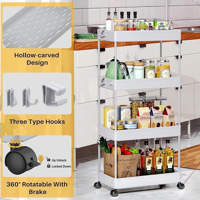 SPACEKEEPER 4 Tier Rolling Cart, Bathroom Cart Organizer with Wheels, Gray | Mobile Storage Cart for Laundry Room Organization,Kitchen,Office,Bathroom, Utility Cart for Snack,Craft,Art,Makeup,Nail,Toys