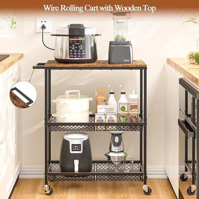 3 Tier Rolling Utility Kitchen Cart on Wheels, Heavy Duty Wire Rolling Cart with Wooden Top, Commercial Metal Serving Cart with Handle, Kitchen Island Food Storage Trolley for Laundry, Office, Garage