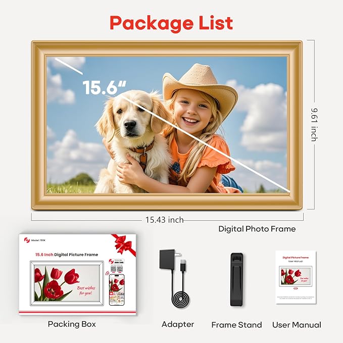 64GB 15.6" Frameo Digital Picture Frame WiFi, Large Electronic Photo Frames Golden 1920 x 1080 IPS FHD Touch Screen, Send Photos from Your Phone from Anywhere, Best Gifts for Family and Friends