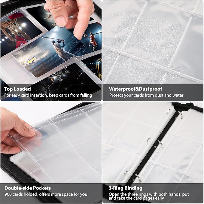 WOT I Trading Card Binder, 900 Pockets Sleeves with Zipper, Double Sided Pockets Card Holder Carry Case for Baseball Card, Football Card