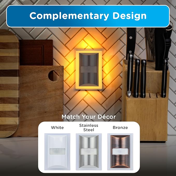 Enbrighten SleepLite Motion Sensor Night Lights Plug Into Wall Nightlight Amber Light Bathroom Bedroom Kitchen Nursery Kids Adults Brushed Nickel 2-Pack