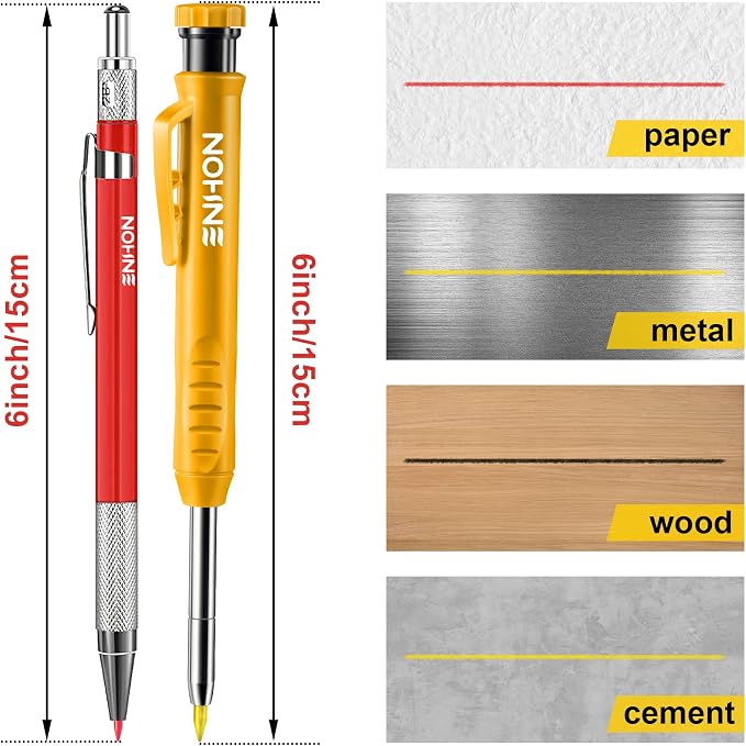 Enhon 4 Pack Carpenter Pencil Set with Sharpener, Black/Red/Yellow | 45mm Deep-Reach Tip, 36 Refill Leads, 2mm & 2.8mm Lead Sizes, Durable Construction, Pocket Clip, Multi-Surface Drawing