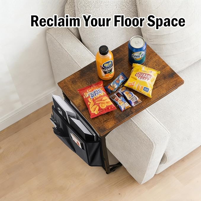 C Shaped End Table for Couch, Small Side Table for Living Room & Bedroom, Slide Under Sofa Table for Laptop, Coffee, Snacks, Easy Assembly, Modern Design