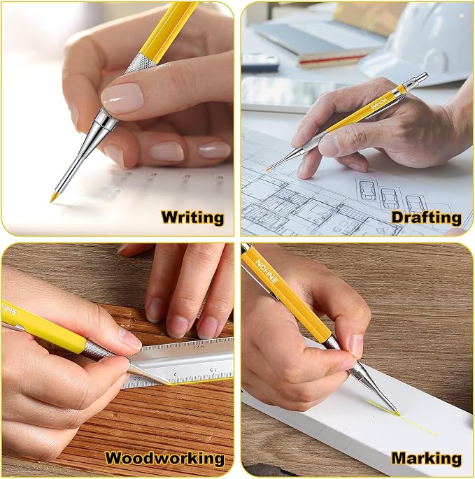 Enhon 2mm Carpenter Pencil Set with 12 Refills and Sharpener, Yellow | Woodworking Marking Tool Solid Deep Hole Construction Mechanical Pencil, Extended Needle-Nose Tip for Use in Jobs