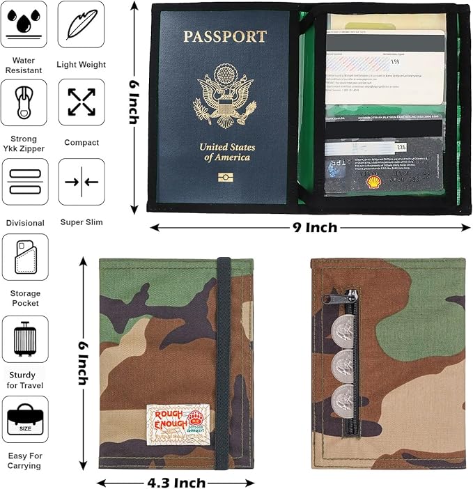 Rough Enough Passport Holder, Family Travel Wallet for Holiday, Camo | Holds 2 Passports & 3 Cards, Water-Resistant Cordura, YKK Zipper, Slim Lightweight Design, for Travel Documents Accessories