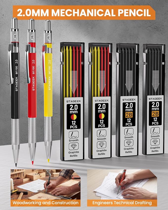 STAGEEK 36 Pack Carpenter Pencils Set With 102 Refills | Construction Pencil, Deep Hole Long-Nib Marker Pens, Automatic Center Punch and Carbide Scribe Tool for Woodworking with Case