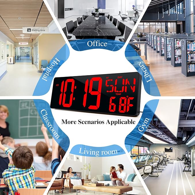 17.2" Large Digital Wall Clock Bluetooth Auto Sync Time Big Timer Red | Large Display Auto-Dimming/DST Led Wall Clock with Date Week For Living Room Classroom Garage Gym Gift for Senior Mom Dad