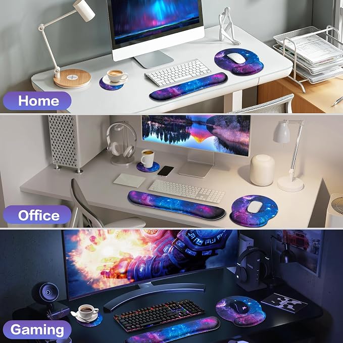 Desk Pad Galaxy, Mouse Pad with Wrist Rest, 3-in-1 Wrist Support Mousepad | Gaming Mat Pad with Anti-Skid Base,Ergonomic Memory Foam Keyboard Gel Wrist Rest, Office Desk Accessories