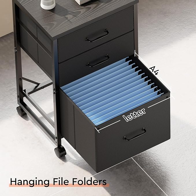 3 Drawer File Cabinet with Wheels with Open Storage Shelf, Black | Rolling Printer Stand Fabric Lateral Filing Cabinet for Home Office