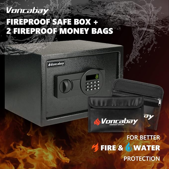 Voncabay Money Safe Box for Home with Sensor Light & Fireproof Money Bag - 0.8 Cubic Feet Security Safe Box with Digital Keypad, Keys & Pass Code Lock Black