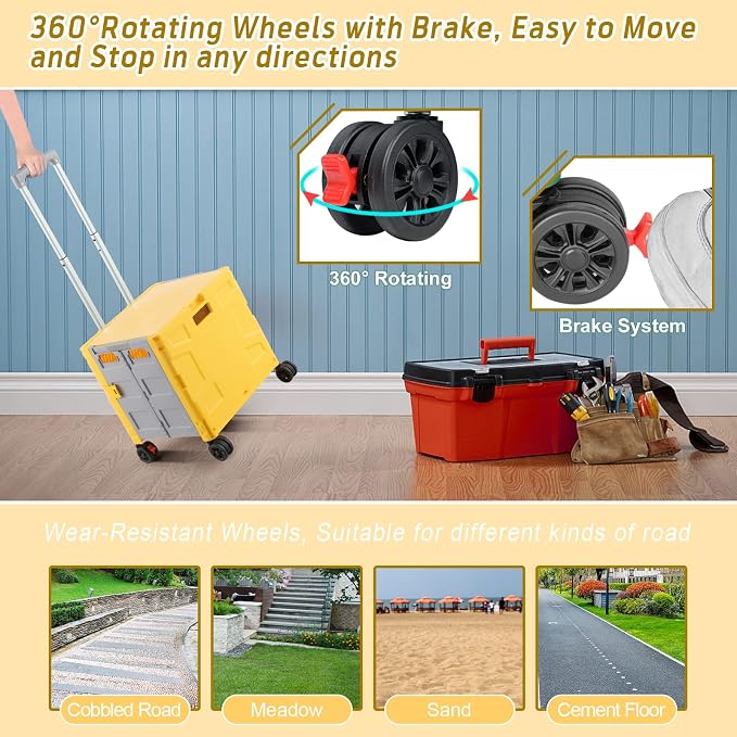 FELICON Folding Utility Cart Rolling Crate Handcart Basket Tote-Yellow+Gray | Collapsible Hidden Lid,Plastic Box,Telescoping Handle,4 Rotate Wheels for Travel Shop Move Grocery Laundry Office Teacher Use