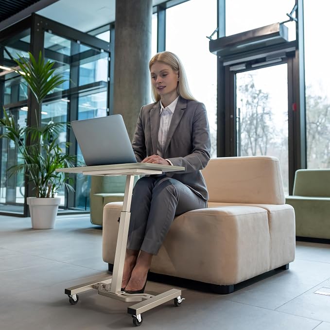 SHW Mobile Height Adjustable Laptop Rolling Cart w/Lockable Wheels, Maple | Height Adjustable from 28" to 33"