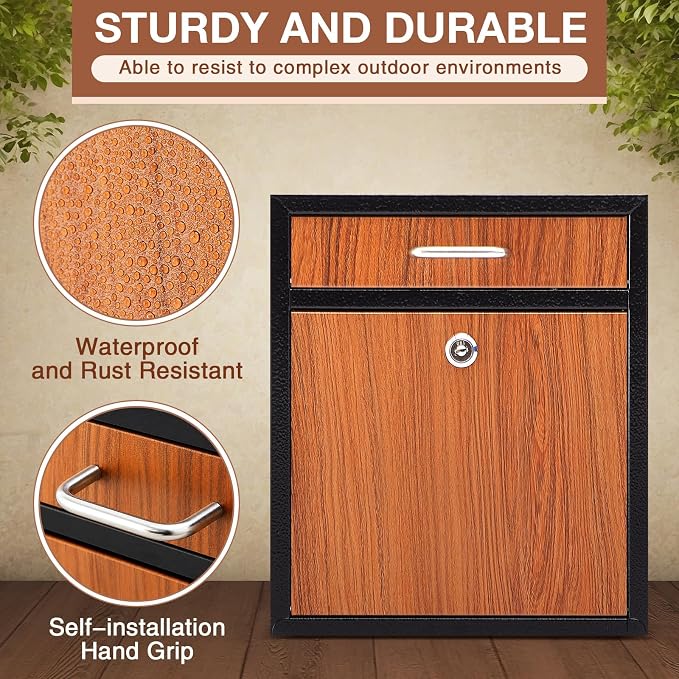 Yaocom Locking Mailbox with Key for Outdoor 12 x 10.5 x 4.7 Inches Large Wall Mount Mail Box with Lock Security Mail Drop Metal Collection Boxes Hanging Secure Postbox(Wooden)