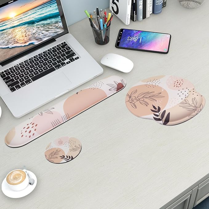 Mouse Pad and Keyboard Wrist Rest Support,Ergonomic Mouse Pad Set | Mousepad With Coaster and Non-Slip PU Base,Pain Relief for Desk Desktop Gaming, Computer,Office -Beach