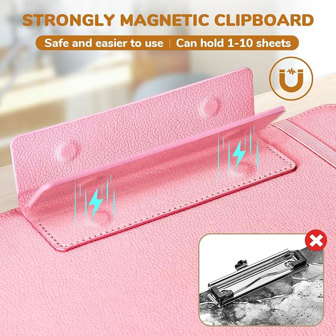 JoyCat 3 Ring Binder Clipboard with Storage, 5 Folders, Pink | 3 ring clipboard portfolio combines five expandable folders, a refillable letter-size notepad and storage
