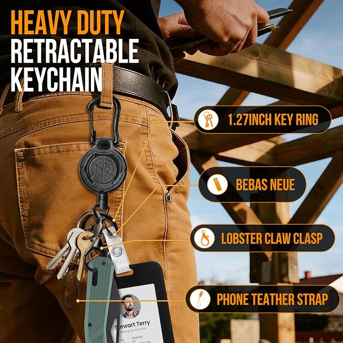 DELSWIN Heavy Duty Retractable Lanyard - Breakaway Lanyards for ID Badges Keys, Retractable Keychain with Upgraded Carabiner, Key Ring, and Lobster Clasp, Bearing 10.0 oz