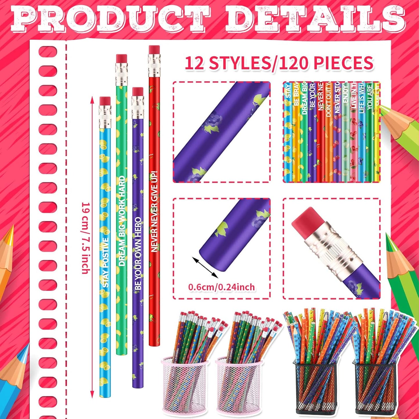 120 Pcs Scented Pencils Bulk for Kids Inspirational Motivational Cute Fun Fruit Wood Smelly Graphite Pencils with Erasers for School Classroom Office Students Girls Boys Gifts Supplies