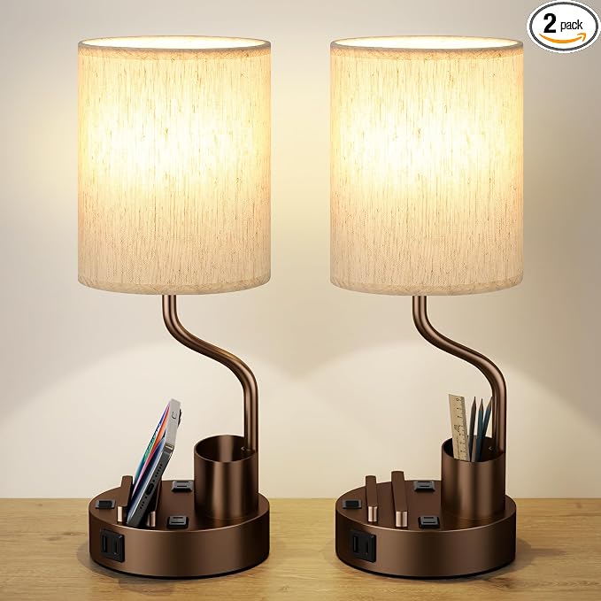 Bedside Lamps for Bedroom Set of 2 - Table Desk Lamp for Nightstand | 15" Table Lamp for Living Room with Pen Holder & Phone Stand, USB A+C Port, AC Outlet, 3 Color Temperature, LED Bulb Included