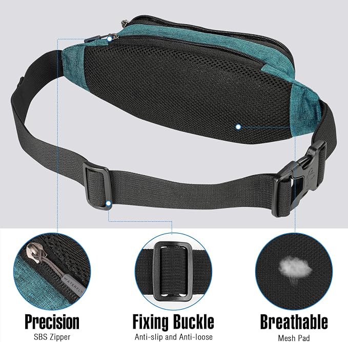 WATERFLY Small Fanny Pack Crossbody Lightweight Waist Bag for Woman Man | Adjustable extender strap, Slim compact, Water-resistant durable material, Breathable back pad, Multi-scene for travel, daily