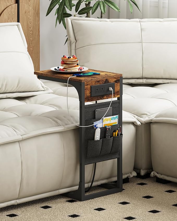 TUTOTAK C Shaped End Table with Charging Station, Side Table for Sofa | Couch Table with Storage Bag, TV Tray with 2 USB Ports and Outlets, Living Room and Bedroom, Brown TB01BB024