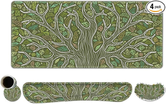 ToLuLu Desk Mat, Gaming Mouse Pad Wrist Support 4 in1 Set, XXL Large Mouse Pad + Keyboard Wrist Rest + Memory Foam Cushion Mouse Wrist Rest for Pain Relieve + Coaster Table Computer PC, Green Leaves