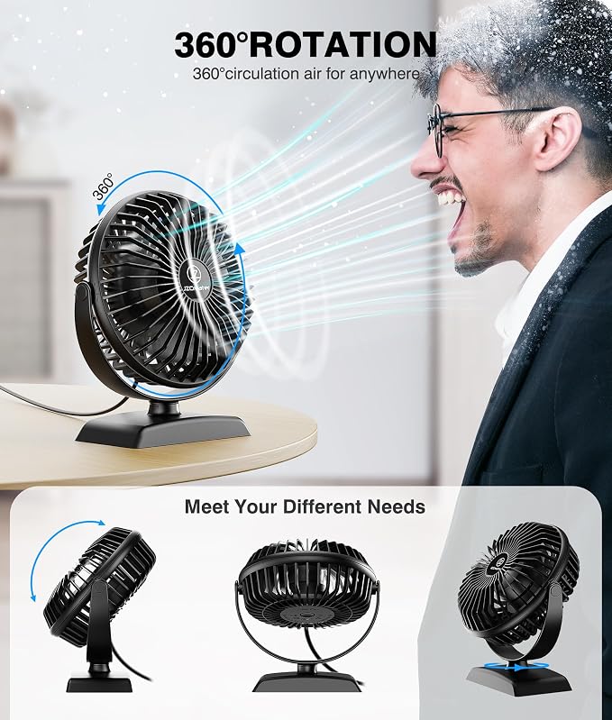 JZCreater USB Desk Fan, USB Fan Mini, 360 Rotation Desktop Fan with 3 Speed, Table Personal Cooling Fan, Quiet Mini Desk Fan, USB Powered, Small Fan for Home Office Bedroom Car Travel,Black+Black