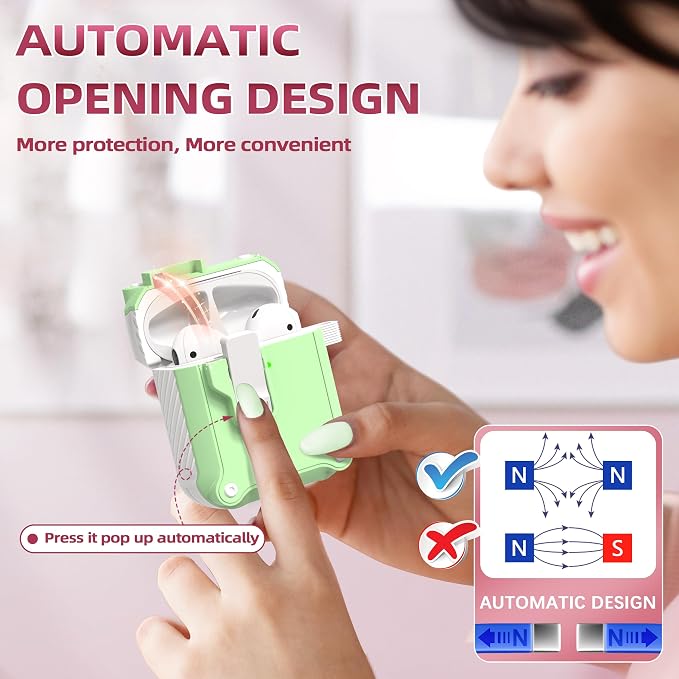 R-FUN for AirPods 2 Case Cover with Lock Magnetic Lid, White/Avocado | Compatible with Apple AirPods 2 and AirPods(2016), Case with Cleaner Kit & Keychain, Powerful Drop Protection