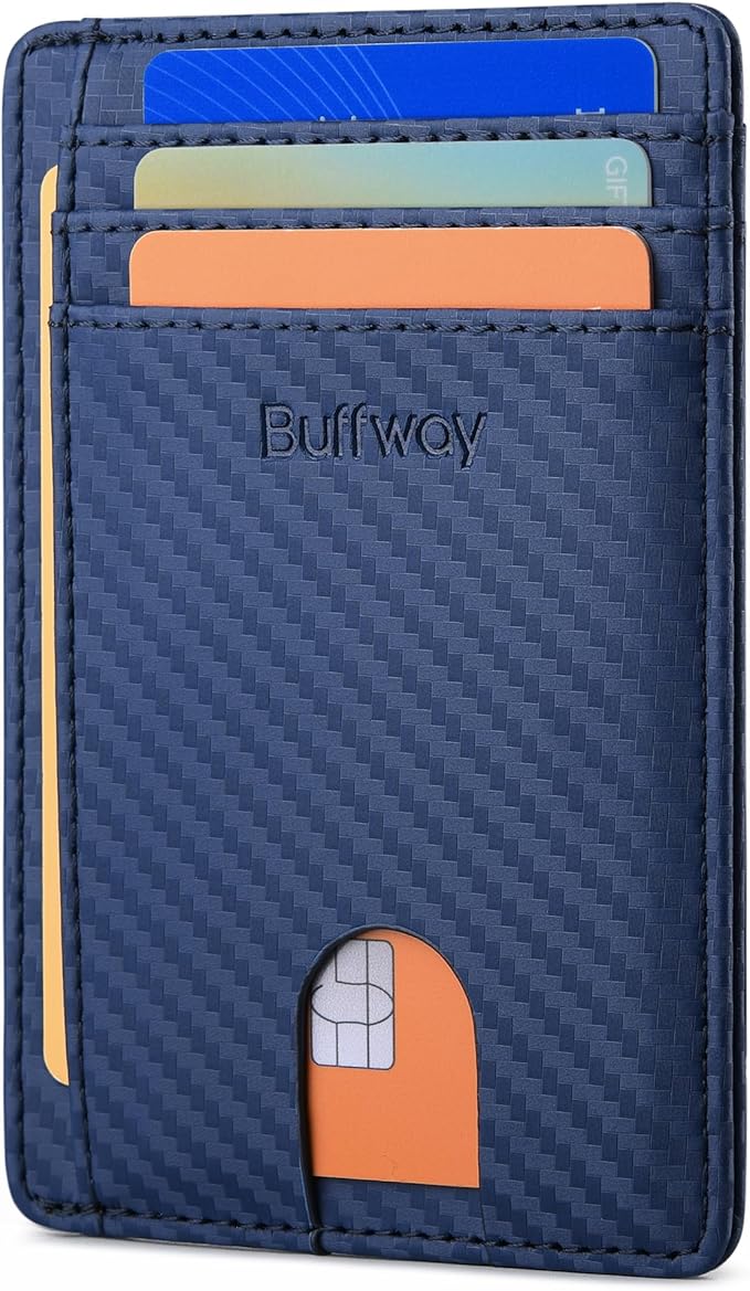 Buffway Slim Minimalist Front Pocket RFID Blocking Leather Wallets for Men and Women - Carbon Fiber Blue