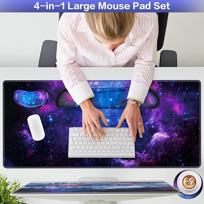 Mouse Pad Galaxy with Wrist Rest, 4-in-1 Large Mousepad Keyboard | Wrist Rest+Mouse Pad Wrist Support+Cup Pad Set,Ergonomic Mouse Pad,Memory Foam Desk Mat for Office Gaming(35.4×15.7in)