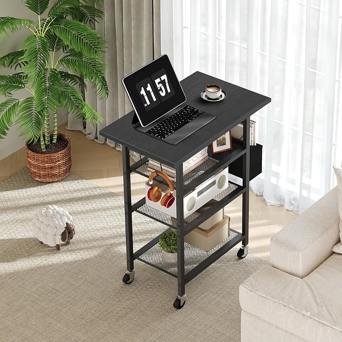 MAHANCRIS 4-Tier Printer Stand, Rolling Printer Table on Wheels, Industrial Storage Stand with Side Pocket, Wooden Tabletop, 2 S-Shaped Hooks, for Home Office, Black PTBK2601