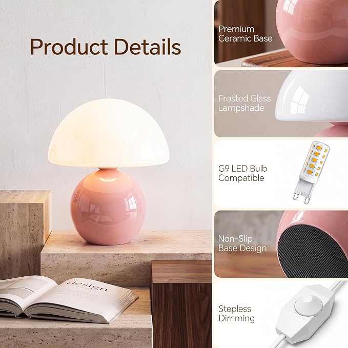 Mushroom Lamp Table Lamp for Bedroom-Small Desk Table Lamps,Pink | 8.7" Mid Century Modern Table Lamps for Living Room Bedroom Decor,Cute Ceramic Lamps for Mushroom Home Room Decor,Glass Shade