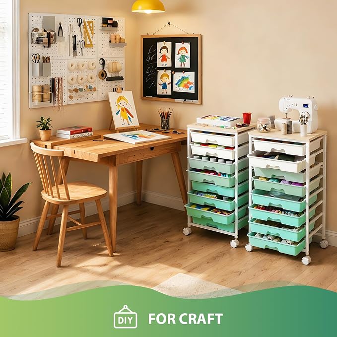 Goovilla Rolling Cart with 8 Drawers for Art, Dorm, Office, Craft, Green | Utility Cart Organizer With 8 Removable Drawers and Wooden Tabletop, Lockable Rolling Storage Organizer for Classroom, Home