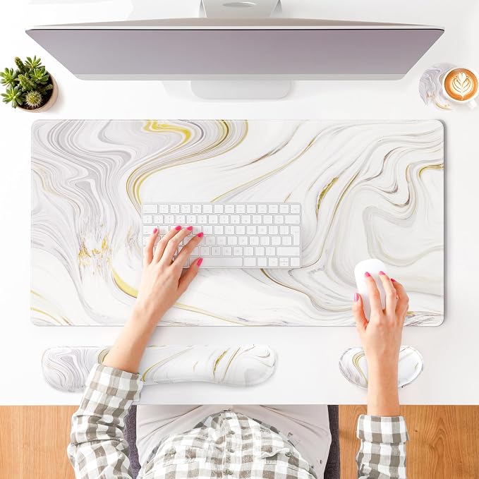 QIYI PU Leather Desk Mat Set, 4-in-1 Ergonomic Wrist Rest, White Marble | Waterproof Large Mouse Pad 31.5×15.7 + Keyboard Wrist Rest + Mouse Wrist Support+Coaster, Non-Slip Office Gaming Accessories