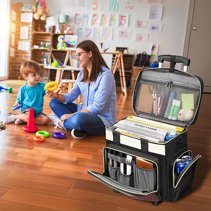 Ytonet 15.6 Inch Teacher Rolling Bag with Detachable Dolly & Teacher Tote | Large Rolling Cart for Teachers, Rolling Tote Bag for Work, Bag with Wheels for Office, Nurse, Teacher Bag, Black Beige Brown