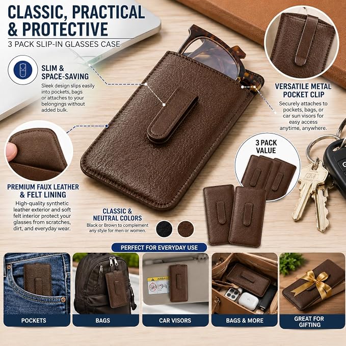 Calabria Soft Slip-In Glasses Case Pocket Metal Clip Brown (4 Pack) for Men/Women Synthetic Leather Felt Lining 6.5"x3"