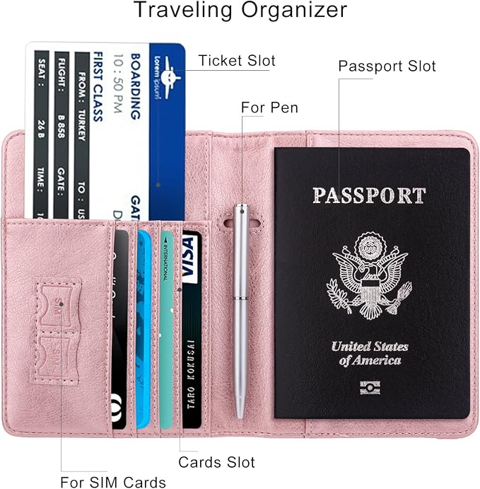 WALNEW Passport Holder for Travel, RFID Passport Wallet, Travel Essentials | PU Leather Passport Cover Case with Pen Holder, Travel Must Haves Accessories, Passport Book Holder for Women Men