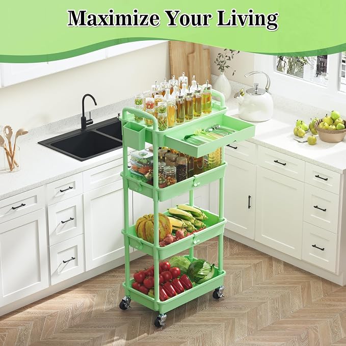 SUNALLY 4 Tier Rolling Cart with Drawer, Craft Storage Cart Organizer,Green | Bathroom Storage Organizer with 2 Lockable Wheels, Rolling Utility Cart for Kitchen, Office, Baby, Makeup, Nail,Snack,Laundry