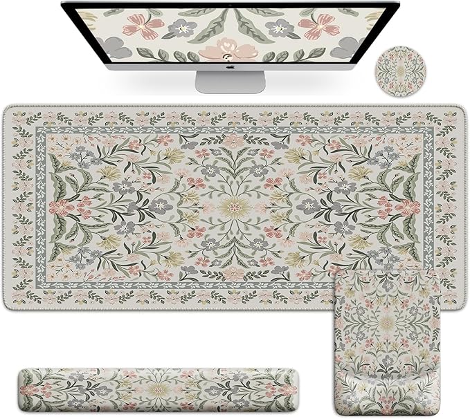iCasso Mouse Pad with Wrist Rest,Ergonomic Large Desk Mat Set, Gray | Keyboard Pad with Wrist Support, Non-Slip Mouse Mat for Women, Cute Floral Computer Mat for Home Office Gaming