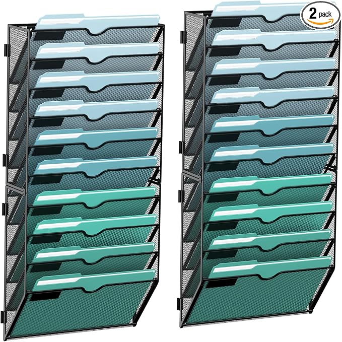 10-Tier Wall File Organizer, Hanging Wall Files for Papers, Folders, Magazines, Wall Organizer for Clipboard, Assembly Needed, Black, 2 Pack | Metal Mesh Hanging File Organizer with Open Compartments and Label Panels for Papers and Folders at Home, Off...