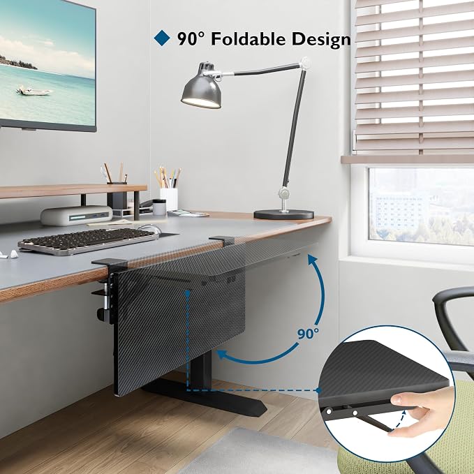 BONTEC Small Ergonomics Desk Extender Tray, 20 x 9.5 Inch, Black Carbon | 90° Foldable Keyboard Tray Platform, Table Mount Arm Rest Shelf, Clamp on Computer Arm Rest, Suitable for Office Use
