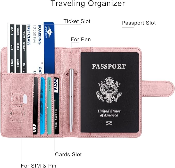 WALNEW Passport Holder for Travel, RFID Passport Wallet, Travel Essentials | PU Leather Passport Cover Case with Pen Holder, Travel Must Haves Accessories, Passport Book Holder for Women