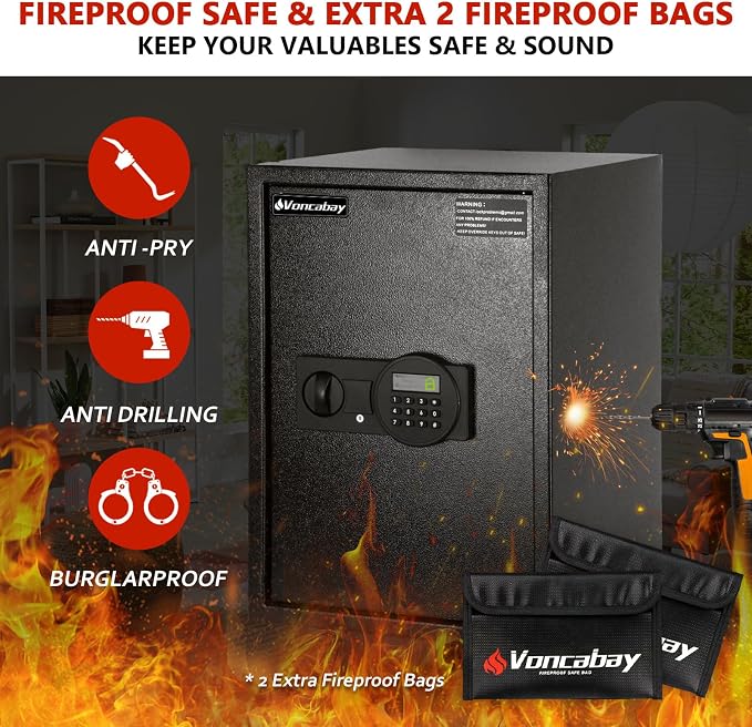 Voncabay Money Safe Box for Home with Digital Keypad, 2.2 Cu. Ft., Black | Alloy Steel, 2 Fireproof Bags, Digital Keypad with Display, Removable Shelf, Fits A4, 13.1 x 19.7 x 13.8 In.