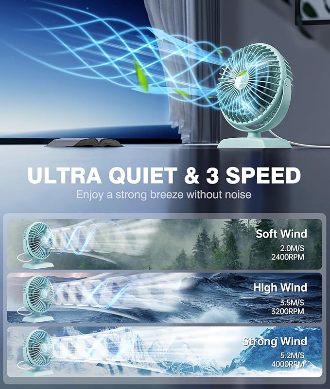 JZCreater USB Desk Fan, USB Fan Mini, 360 Rotation Desktop Fan with 3 Speed, Table Personal Cooling Fan, Quiet Mini Desk Fan, USB Powered, Small Fan for Home Office Bedroom Car Travel,Green